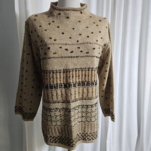 Susan Bristol Beige and Brown Patterned Turtleneck Sweater